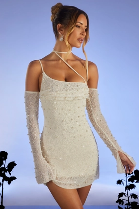 Embellished Asymmetric Corset Mini Dress in Ivory Dresses - lace dresses best price