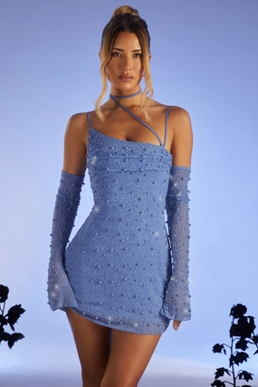 Embellished Asymmetric Corset Mini Dress in Light Blue Dresses - lace dresses best price
