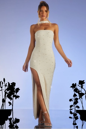 Embellished Bandeau Maxi Dress in Ivory Dresses - sundresses outlet