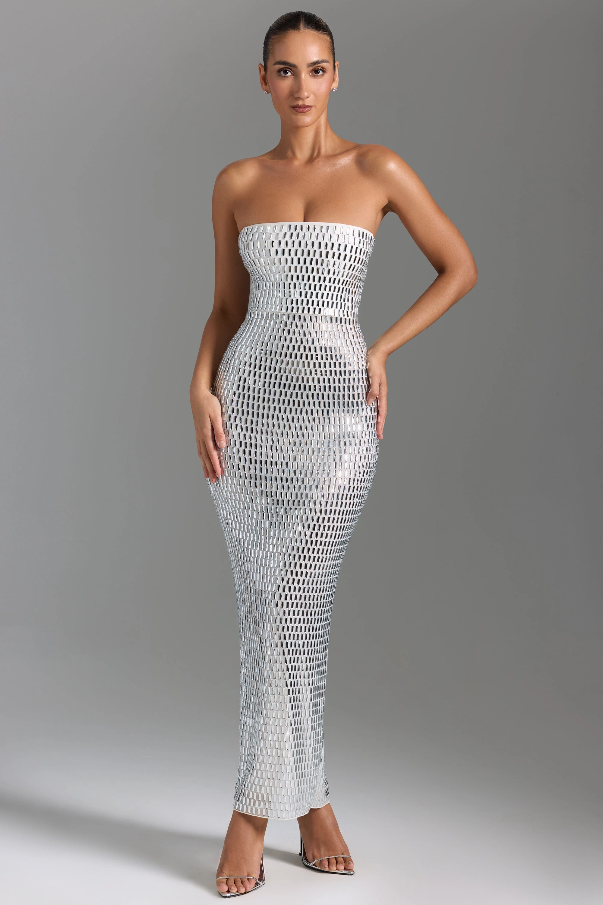 Embellished Bandeau Maxi Dress in White