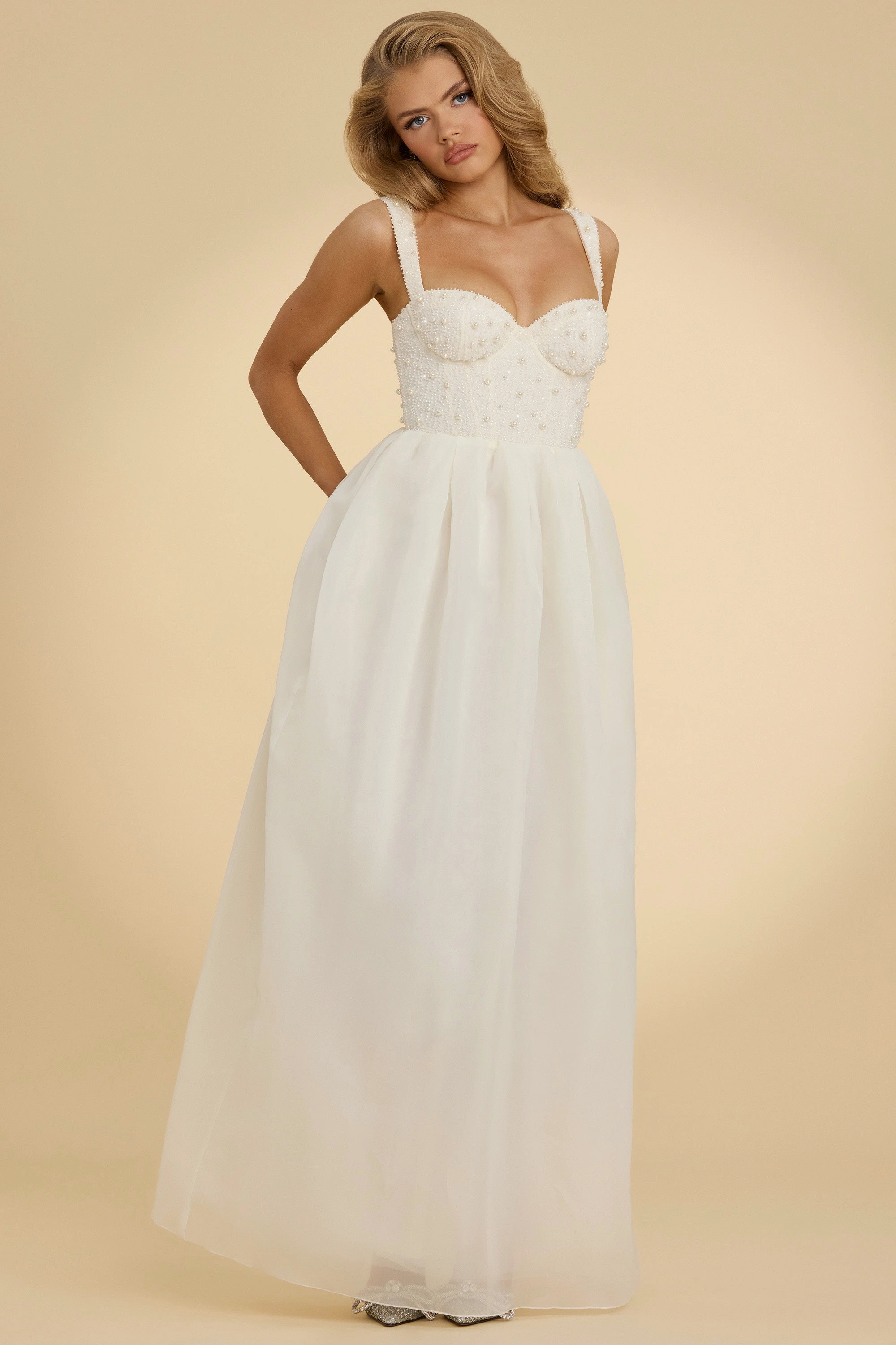 Embellished Corset Gown in White Dresses - midi dresses clearance