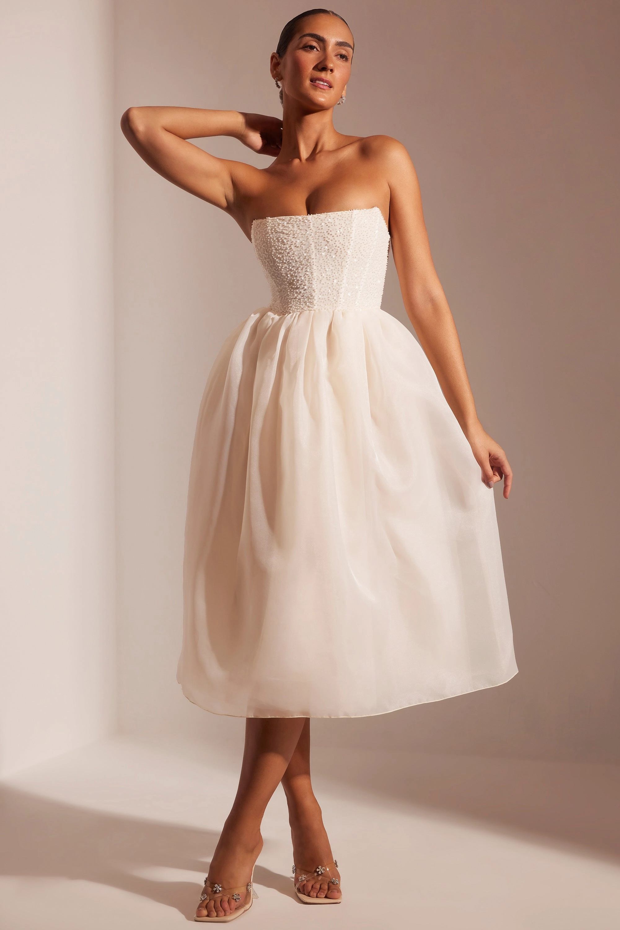 Embellished Corset Tulle Skirt Midi Dress in Ivory Dresses - sundresses outlet