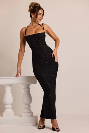 Embellished Cowl Neck Maxi Dress in Black Dresses - sundresses outlet