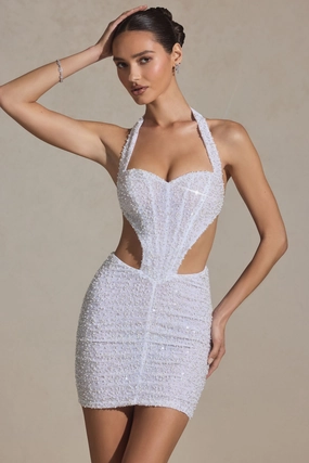 Embellished Cut-Out Halterneck Mini Dress in White Dresses - sundresses outlet