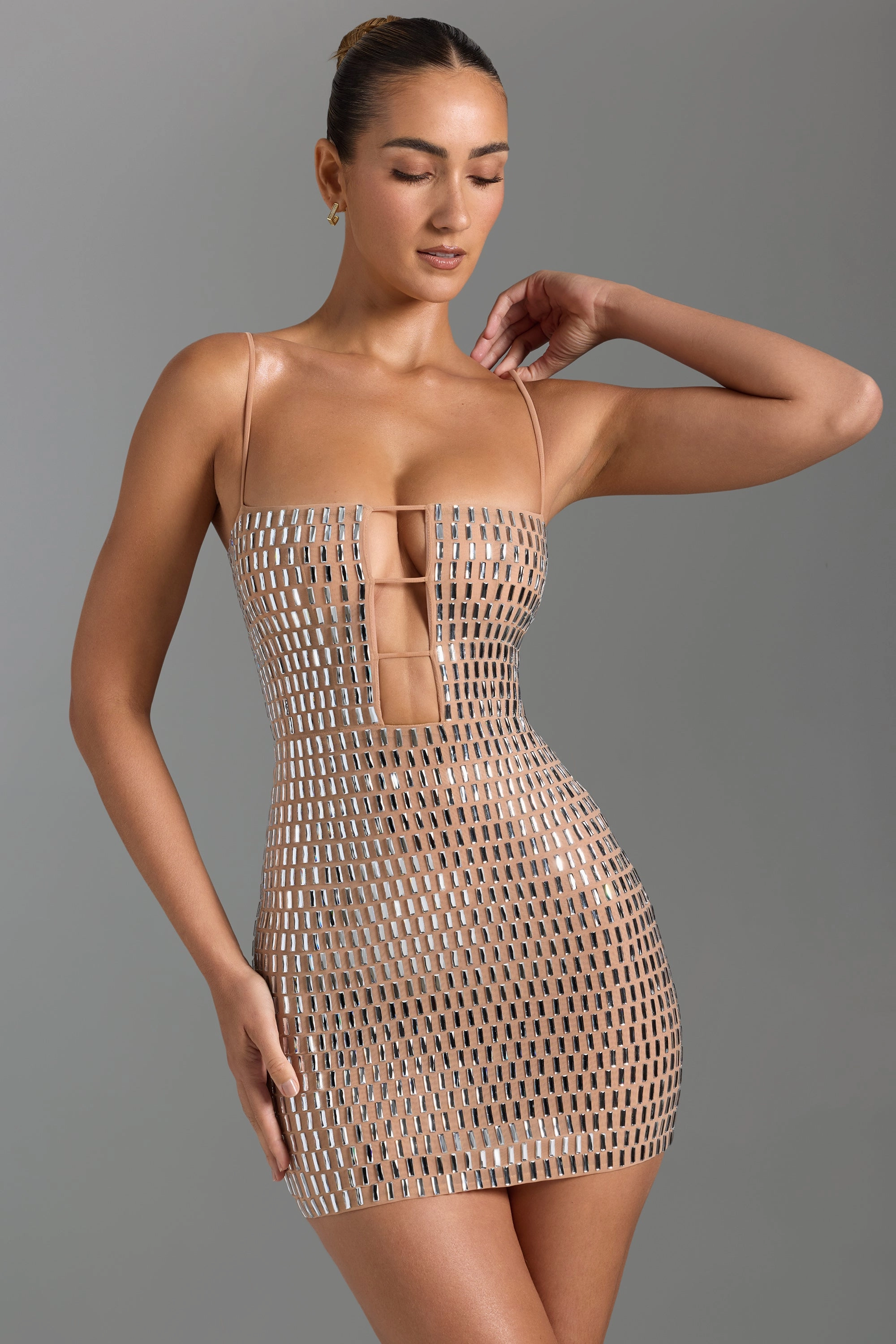 Embellished Cut-Out Mini Dress in Honey