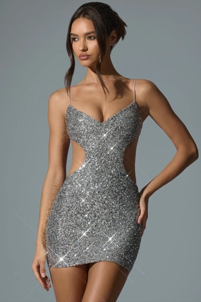 Embellished Cut-Out Mini Dress in Silver Dresses - lace dresses best price