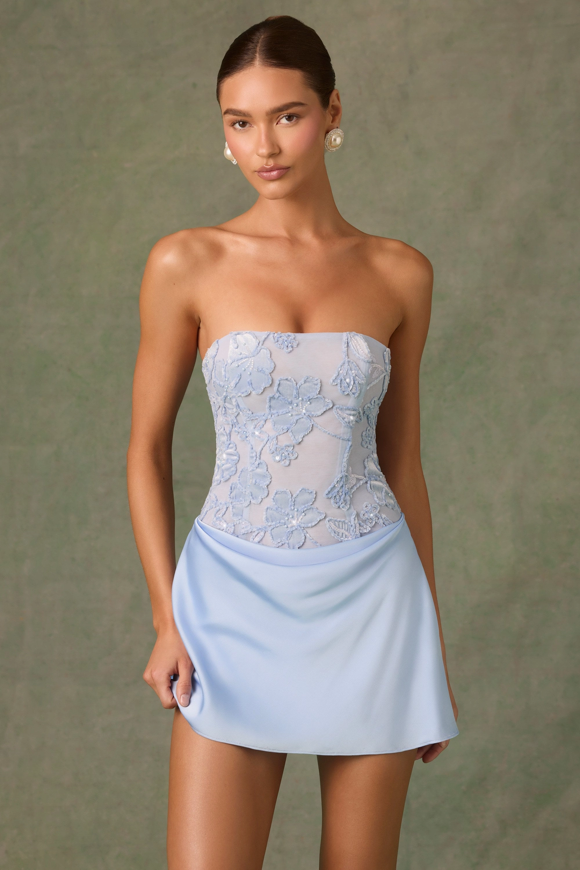 Embellished Draped Strapless A-Line Mini Dress in Sky Blue Dresses - lace dresses best price