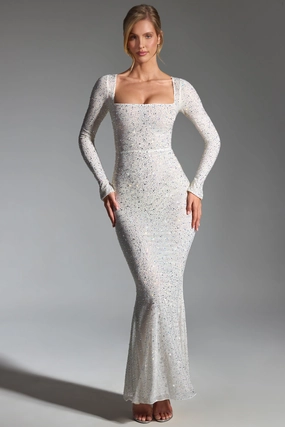 Embellished Fishtail Maxi Dress in White Dresses - sundresses outlet