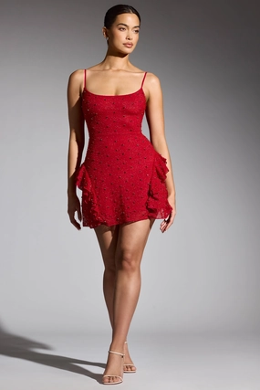 Embellished Frill Mini Dress in Red Dresses - wrap dresses discount