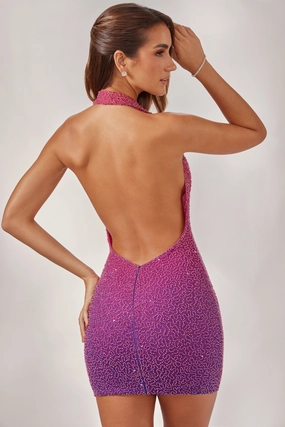 Embellished Halter Neck Mini Dress in Pink/Purple Ombr Dresses - wrap dresses discount