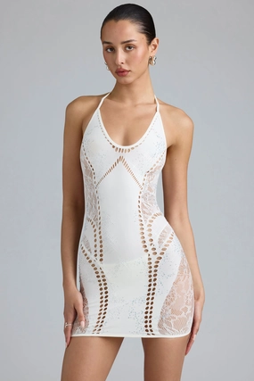 Embellished Halterneck Mini Dress in Ivory Dresses - wrap dresses discount