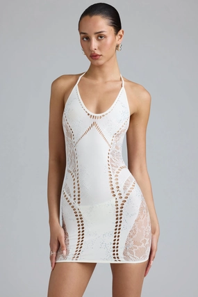 Embellished Halterneck Mini Dress in Ivory Dresses - midi dresses clearance