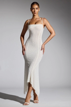 Embellished Handkerchief Hem Maxi Dress in White Dresses - sundresses outlet