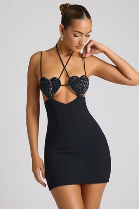 Embellished Heart Cup Detail Mini Dress in Black Dresses - sundresses outlet