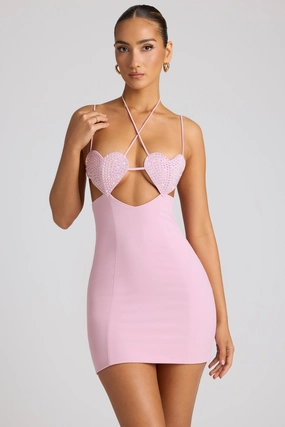 Embellished Heart Cup Detail Mini Dress in Soft Pink Dresses - wrap dresses discount