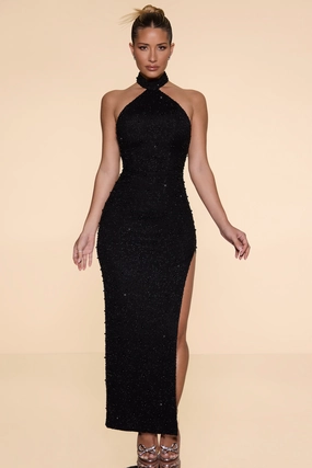 Embellished High Neck Split Maxi Dress in Black Dresses - sundresses outlet