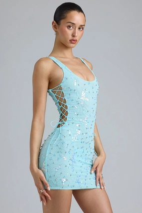 Embellished Lace-Up Mini Dress in Ice Blue Dresses - wrap dresses discount