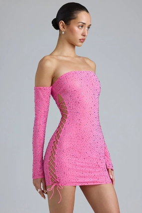 Embellished Lace-Up Off-Shoulder Mini Dress in Bubblegum Pink Dresses - wrap dresses discount