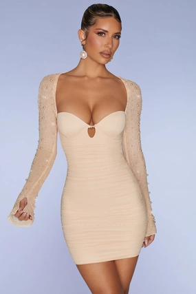 Embellished Long Sleeve Mini Dress in Sand Dresses - wrap dresses discount