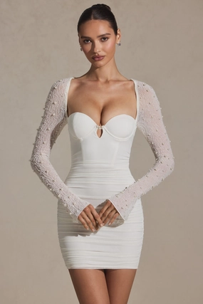 Embellished Long-Sleeve Mini Dress in White Dresses - lace dresses best price