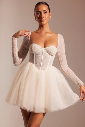 Embellished Long Sleeve Tulle Skirt Mini Dress in Ivory Dresses - wrap dresses discount