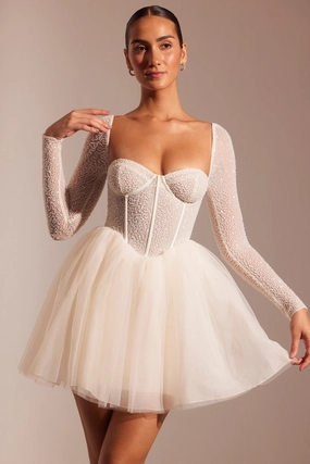 Embellished Long Sleeve Tulle Skirt Mini Dress in Ivory Dresses - sundresses outlet
