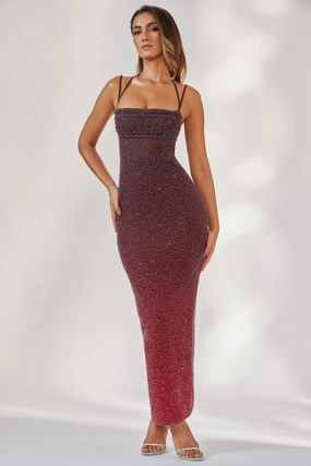Embellished Maxi Dress in Red/Brown Ombr Dresses - sundresses outlet