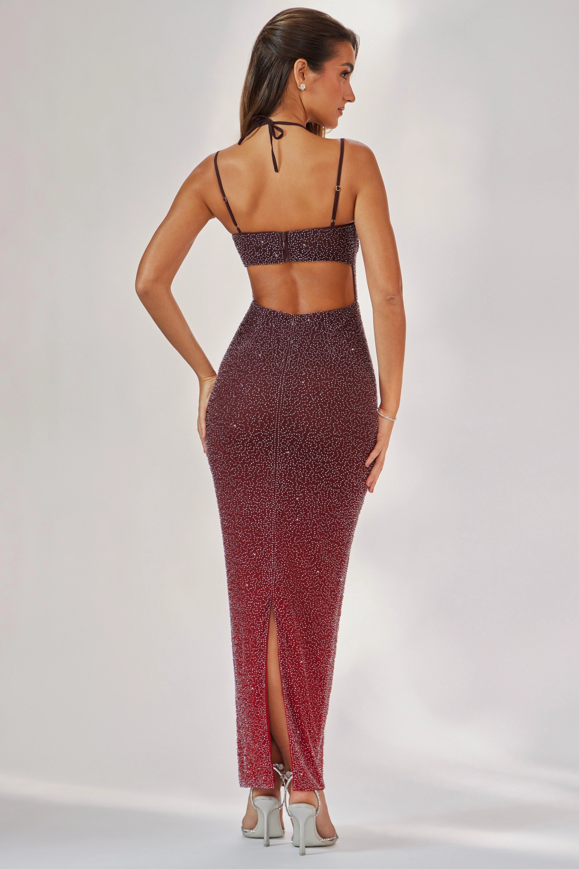 Embellished Maxi Dress in Red/Brown Ombr