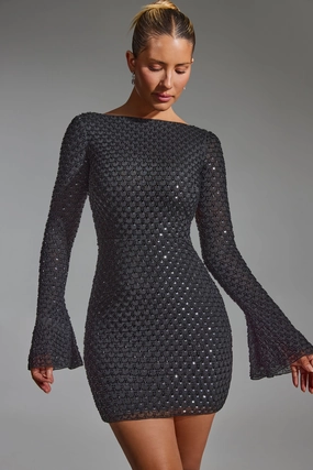 Embellished Open-Back A-Line Mini Dress in Black Dresses - wrap dresses discount
