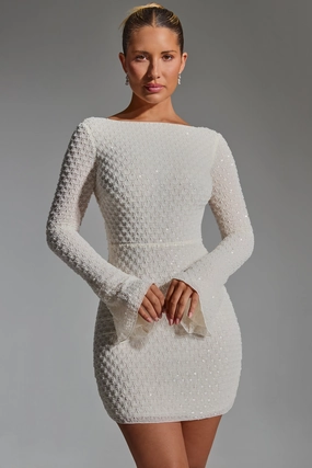 Embellished Open-Back A-Line Mini Dress in White Dresses - midi dresses clearance