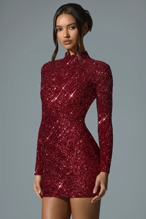Embellished Open-Back Mini Dress in Red Dresses - lace dresses best price