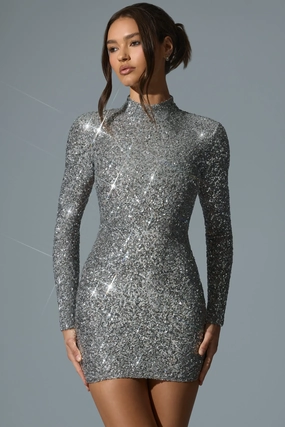 Embellished Open-Back Mini Dress in Silver Dresses - lace dresses best price