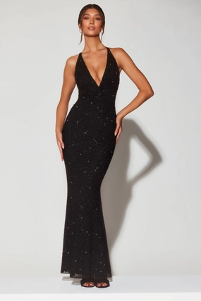 Embellished Plunge Halter Neck Evening Gown in Black Dresses - sundresses outlet