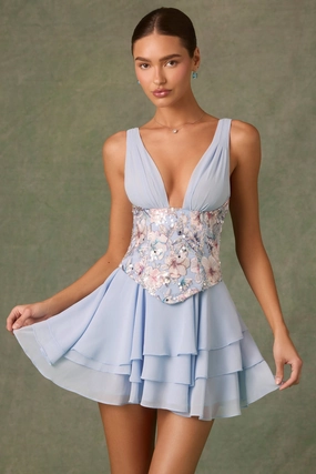 Embellished Ruffled Corset Mini Dress in Floral Blue Dresses - lace dresses best price