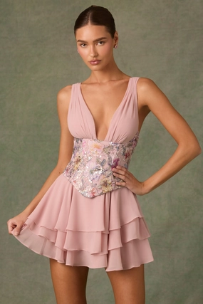 Embellished Ruffled Corset Mini Dress in Floral Pink Dresses - lace dresses best price