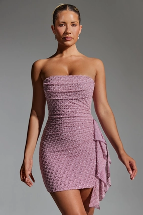 Embellished Ruffled Cowl-Neck Bandeau Mini Dress in Mauve Dresses - wrap dresses discount