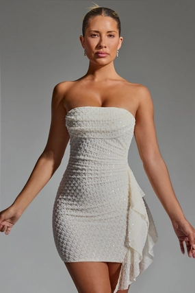 Embellished Ruffled Cowl-Neck Bandeau Mini Dress in White Dresses - lace dresses best price