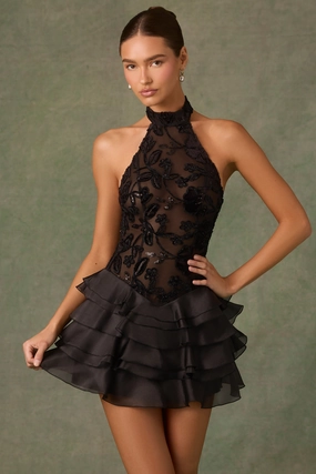 Embellished Ruffled Halterneck Mini Dress in Black Dresses - lace dresses best price