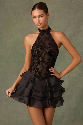 Embellished Ruffled Halterneck Mini Dress in Black Dresses - sundresses outlet