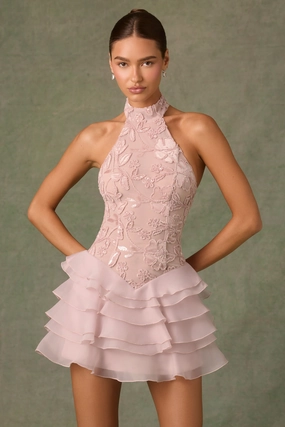 Embellished Ruffled Halterneck Mini Dress in Dusty Rose Dresses - wrap dresses discount
