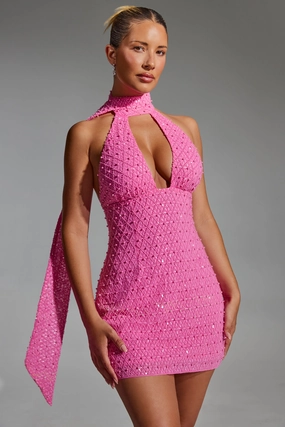 Embellished Scarf-Detail Halterneck Mini Dress in Hot Pink Dresses - wrap dresses discount