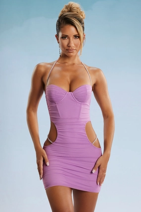 Embellished Strap Cut Out Mini Dress in Purple Dresses - wrap dresses discount