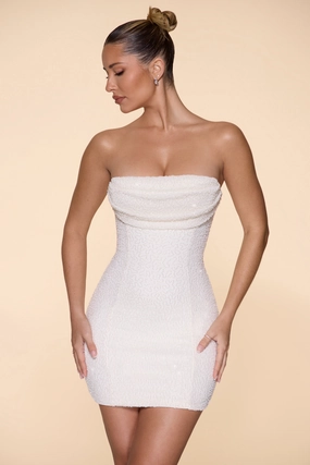 Embellished Strapless Cowl Neck Mini Dress in Ivory Dresses - lace dresses best price