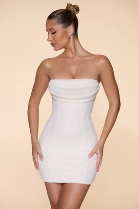 Embellished Strapless Cowl Neck Mini Dress in Ivory Dresses - sundresses outlet
