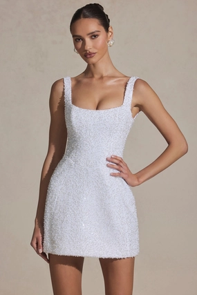 Embellished Structured A-Line Mini Dress in White Dresses - sundresses outlet