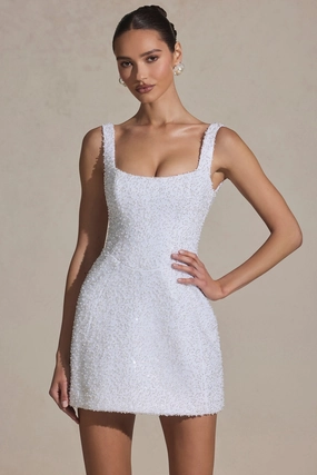 Embellished Structured A-Line Mini Dress in White Dresses - lace dresses best price