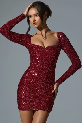 Embellished Sweetheart-Neck Mini Dress in Red Dresses - lace dresses best price