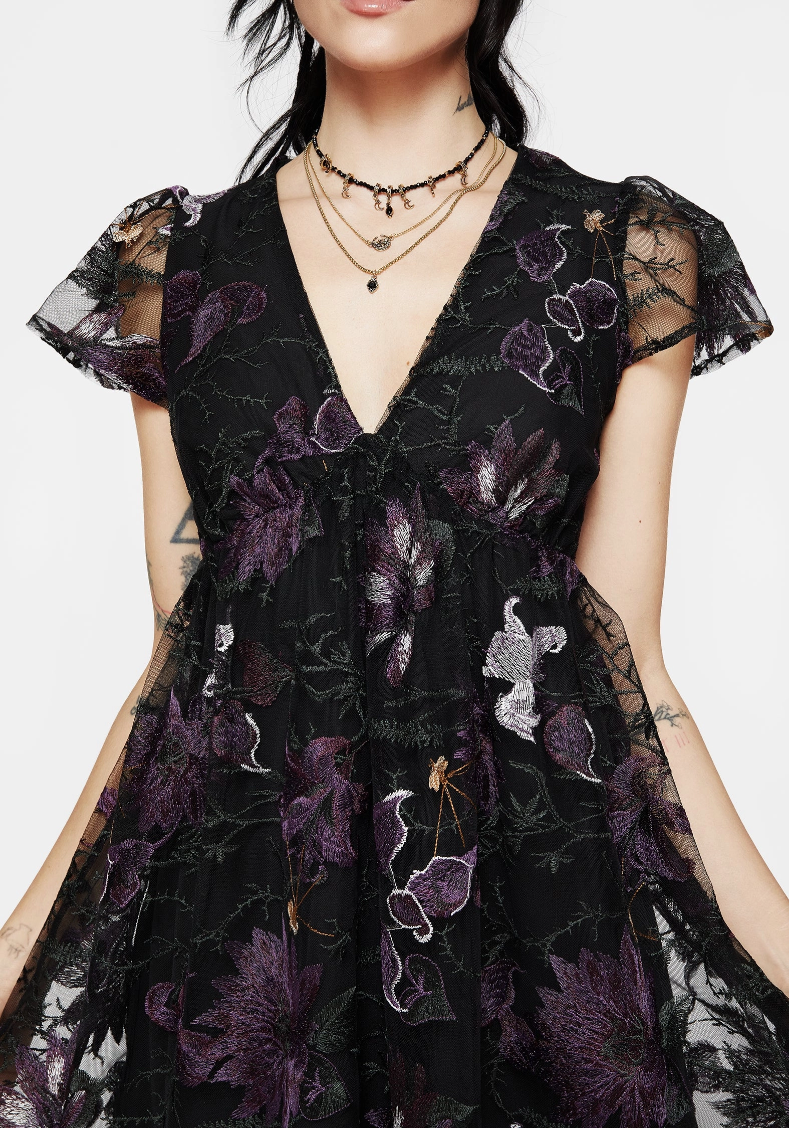 Estrid Embroidered Mesh Flute Sleeve Mini Dress