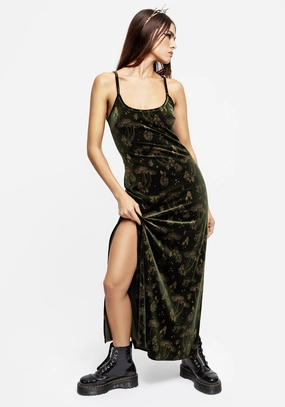 Faefire Foil Print Velour Maxi Slip Gown - Green Dresses Womens - summer dresses discount