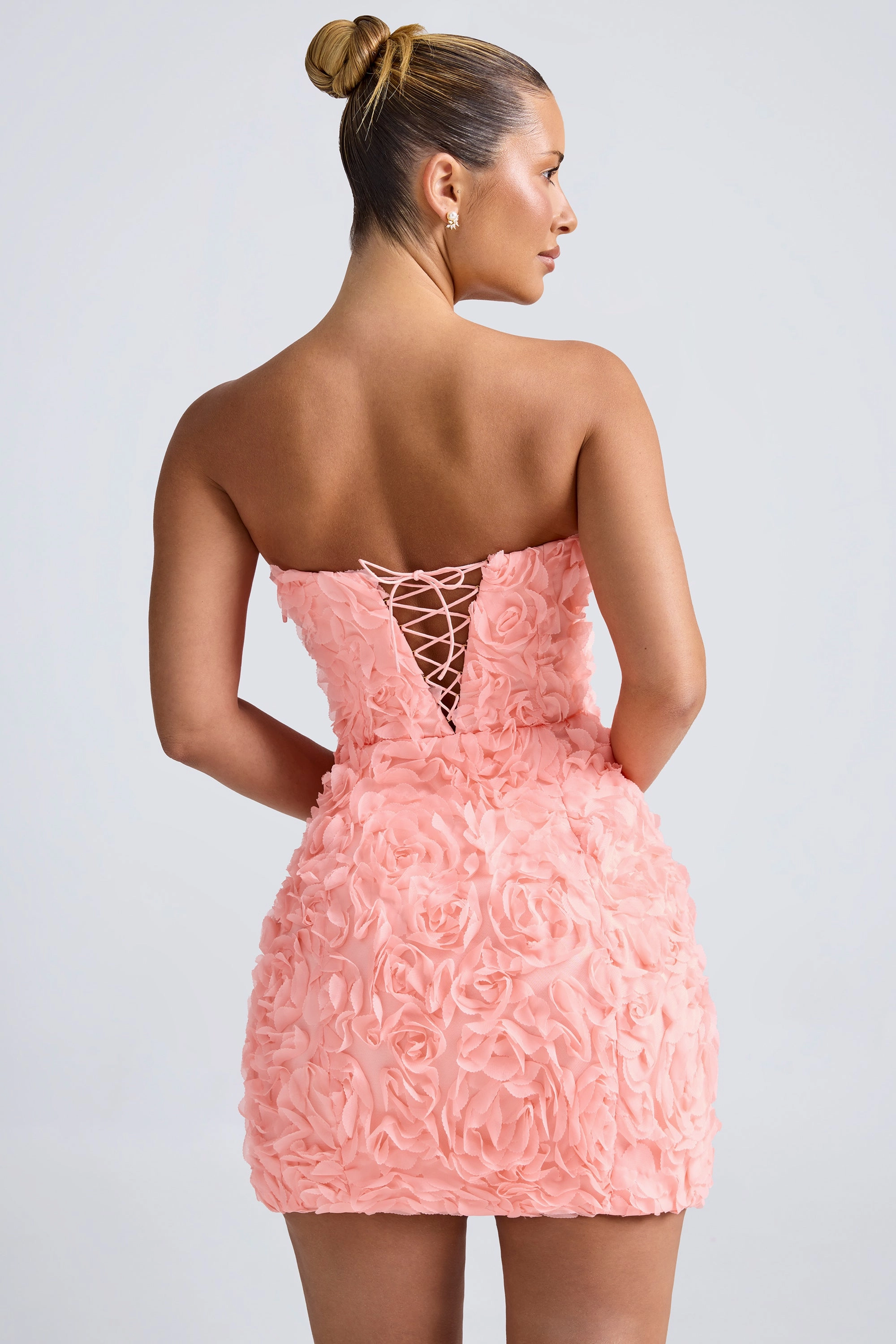 Floral-Appliqu Bandeau A-Line Mini Dress in Coral